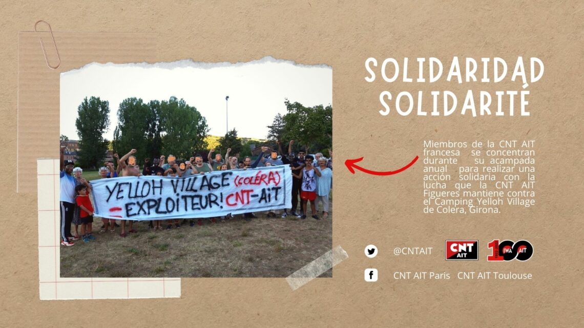 Acción solidaria en Francia con el conflicto que mantiene CNT AIT en el camping «Yelloh! Village» de Colera, Girona.